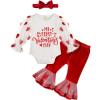 imageYOUNGER TREE Newborn Baby Girl My First Valentines Day Outfit Infant Long Sleeve Romper Tops and Bell Bottoms with HeadbandRed