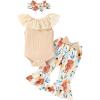 imageYOUNGER TREE Newborn Infant Baby Girl Clothes Outfits Romper Bodysuit Floral Cow Print Pants Headband 3Pcs Summer Clothes SetA5 Apricot