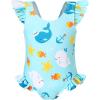 imageYOUNGER TREE Toddler Baby Girls Swimsuit Infant One Piece Bathing Suits Cute Dinosaur Beach Wear Sunsuit Ruffle SwimwearWhaleblue