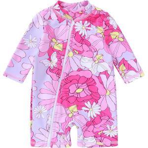 imageBaby Toddler Girls Swimsuit OnePiece Bathing Suit Full Zip Sun Protection Swimwear Rash Guard Swim SuitPinkflower