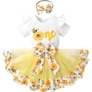 imageNewborn Baby Girls My 1st Birthday Dress Infant Shiny Printed Sequin Bowknot Tutu Princess DressBee One and Sunflower