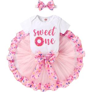 imageNewborn Baby Girls My 1st Birthday Dress Infant Shiny Printed Sequin Bowknot Tutu Princess DressDonut Sweet One