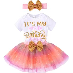 imageNewborn Baby Girls My 1st Birthday Dress Infant Shiny Printed Sequin Bowknot Tutu Princess DressIridescent