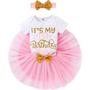 imageNewborn Baby Girls My 1st Birthday Dress Infant Shiny Printed Sequin Bowknot Tutu Princess DressPink