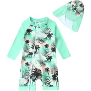 imageToddler Baby Girls Swimsuit OnePiece Zipper Rash Guard Swimwear UPF 50 Sun Protection Bathing Suit with HatGreen