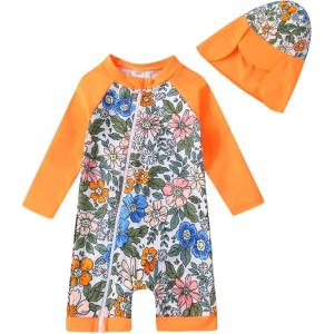 imageToddler Baby Girls Swimsuit OnePiece Zipper Rash Guard Swimwear UPF 50 Sun Protection Bathing Suit with HatOrange