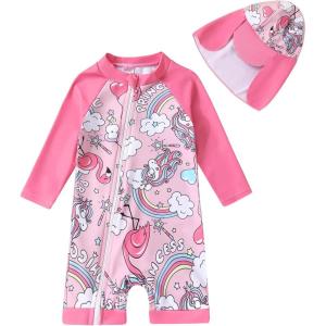 imageToddler Baby Girls Swimsuit OnePiece Zipper Rash Guard Swimwear UPF 50 Sun Protection Bathing Suit with HatPink