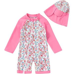 imageToddler Baby Girls Swimsuit OnePiece Zipper Rash Guard Swimwear UPF 50 Sun Protection Bathing Suit with HatPink Floral Fragments