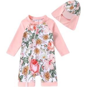 imageToddler Baby Girls Swimsuit OnePiece Zipper Rash Guard Swimwear UPF 50 Sun Protection Bathing Suit with HatPink Flower