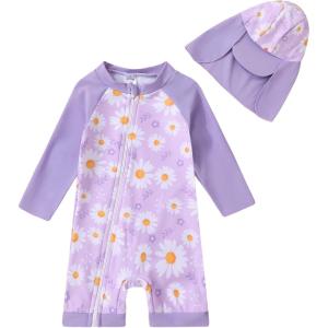 imageToddler Baby Girls Swimsuit OnePiece Zipper Rash Guard Swimwear UPF 50 Sun Protection Bathing Suit with HatPurple
