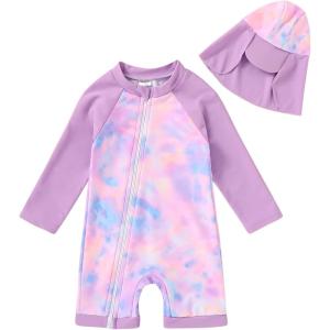 imageToddler Baby Girls Swimsuit OnePiece Zipper Rash Guard Swimwear UPF 50 Sun Protection Bathing Suit with HatPurple Tie Dye