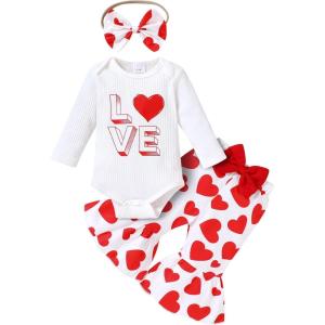 imageYOUNGER TREE 3Pcs Valentines Baby Girl Outfit Newborn Infant My First Valentines Day Romper Love Pattern Pant Clothes SetsA2white