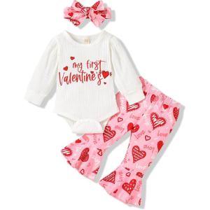 imageYOUNGER TREE 3Pcs Valentines Baby Girl Outfit Newborn Infant My First Valentines Day Romper Love Pattern Pant Clothes SetsWhite
