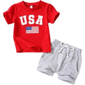 imageYOUNGER TREE 4th of July Toddler Baby Boys Summer Outfits Short Sleeve TShirt American Flag Shorts Independence Day SetsRedgrey