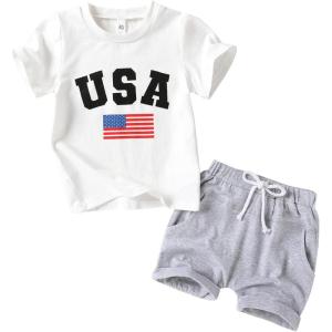 imageYOUNGER TREE 4th of July Toddler Baby Boys Summer Outfits Short Sleeve TShirt American Flag Shorts Independence Day SetsWhitegrey