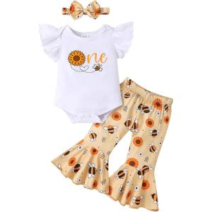 imageYOUNGER TREE Baby Girl 1st Birthday Outfit  My First Birthday Romper ampamp Flared PantsBee One and Sunflower