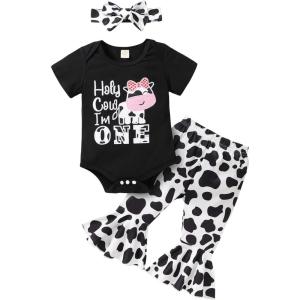 imageYOUNGER TREE Baby Girl 1st Birthday Outfit  My First Birthday Romper ampamp Flared PantsCow One