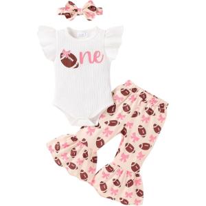 imageYOUNGER TREE Baby Girl 1st Birthday Outfit  My First Birthday Romper ampamp Flared PantsFootball One