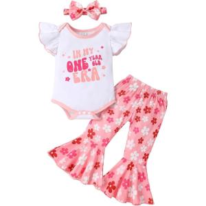 imageYOUNGER TREE Baby Girl 1st Birthday Outfit  My First Birthday Romper ampamp Flared PantsMy One Year