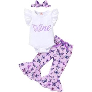 imageYOUNGER TREE Baby Girl 1st Birthday Outfit  My First Birthday Romper ampamp Flared PantsOne Purple Butterfly