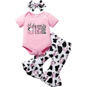 imageYOUNGER TREE Baby Girl 1st Birthday Outfit  My First Birthday Romper ampamp Flared PantsPink Bodysuitcow