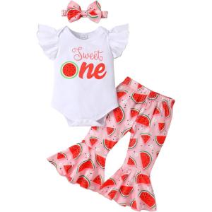 imageYOUNGER TREE Baby Girl 1st Birthday Outfit  My First Birthday Romper ampamp Flared PantsSweet One Watermelon