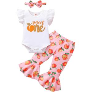 imageYOUNGER TREE Baby Girl 1st Birthday Outfit  My First Birthday Romper ampamp Flared PantsSweet Onepeach