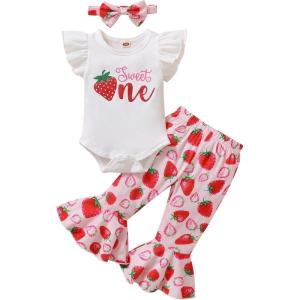 imageYOUNGER TREE Baby Girl 1st Birthday Outfit  My First Birthday Romper ampamp Flared PantsSweet Onestrawberry