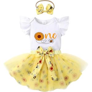 imageYOUNGER TREE Baby Girl 1st Birthday Outfits One Year Old Clothes Romper Tutu Cake Smash Skirt with Headband Baby Girl GiftsBee Sunflower