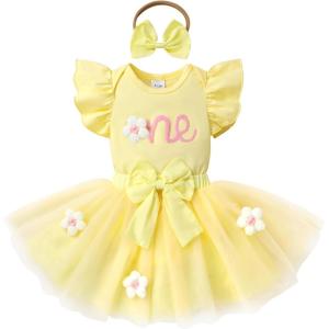 imageYOUNGER TREE Baby Girl 1st Birthday Outfits One Year Old Clothes Romper Tutu Cake Smash Skirt with Headband Baby Girl GiftsCream Yellow Threedimensional Flower