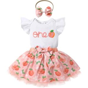 imageYOUNGER TREE Baby Girl 1st Birthday Outfits One Year Old Clothes Romper Tutu Cake Smash Skirt with Headband Baby Girl GiftsOne Peach
