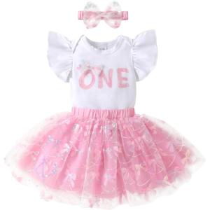 imageYOUNGER TREE Baby Girl 1st Birthday Outfits One Year Old Clothes Romper Tutu Cake Smash Skirt with Headband Baby Girl GiftsSparkly Bowknot
