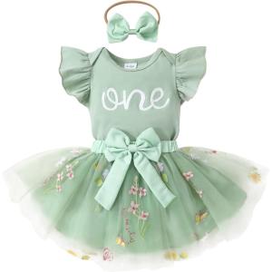 imageYOUNGER TREE Baby Girl 1st Birthday Outfits One Year Old Clothes Romper Tutu Cake Smash Skirt with Headband Baby Girl GiftsSpring Flowers