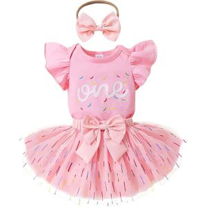 imageYOUNGER TREE Baby Girl 1st Birthday Outfits One Year Old Clothes Romper Tutu Cake Smash Skirt with Headband Baby Girl GiftsSweet One Candy