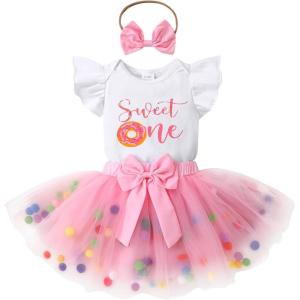imageYOUNGER TREE Baby Girl 1st Birthday Outfits One Year Old Clothes Romper Tutu Cake Smash Skirt with Headband Baby Girl GiftsSweet One Donutnt Coloured Ball