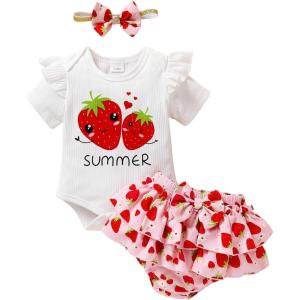 imageYOUNGER TREE Baby Girl Clothes Cartoon Short Sleeve Romper and Floral Ruffle Shorts with Headband Newborn Girl Summer OutfitRedstrawberry36 Months