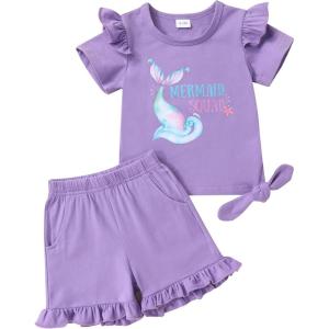 imageYOUNGER TREE Baby Girl Clothes Cartoon TShirt Shorts Set Toddler Summer OutfitsDeep Purple Mermaid Tail
