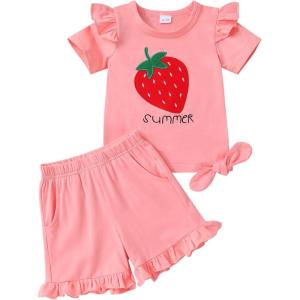 imageYOUNGER TREE Baby Girl Clothes Cartoon TShirt Shorts Set Toddler Summer OutfitsPink Strawberry