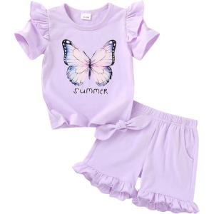 imageYOUNGER TREE Baby Girl Clothes Cartoon TShirt Shorts Set Toddler Summer OutfitsPurple Butterfly