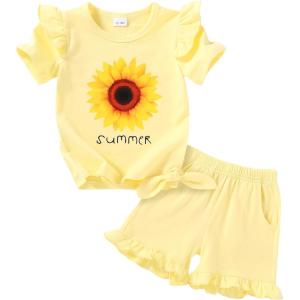 imageYOUNGER TREE Baby Girl Clothes Cartoon TShirt Shorts Set Toddler Summer OutfitsYellow Sunflower
