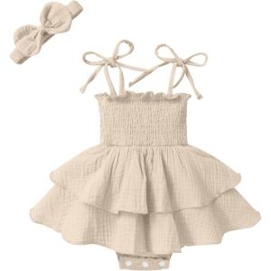 imageYOUNGER TREE Baby Girl Clothes Infant Summer Romper Dress Sleeveless Bodysuit Jumpsuit with Headband Toddler OutfitsApricot