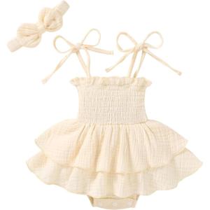 imageYOUNGER TREE Baby Girl Clothes Infant Summer Romper Dress Sleeveless Bodysuit Jumpsuit with Headband Toddler OutfitsCream