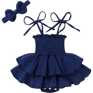 imageYOUNGER TREE Baby Girl Clothes Infant Summer Romper Dress Sleeveless Bodysuit Jumpsuit with Headband Toddler OutfitsDeep Blue