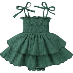 imageYOUNGER TREE Baby Girl Clothes Infant Summer Romper Dress Sleeveless Bodysuit Jumpsuit with Headband Toddler OutfitsDeep Green