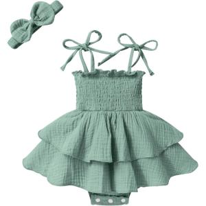 imageYOUNGER TREE Baby Girl Clothes Infant Summer Romper Dress Sleeveless Bodysuit Jumpsuit with Headband Toddler OutfitsGreen