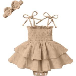 imageYOUNGER TREE Baby Girl Clothes Infant Summer Romper Dress Sleeveless Bodysuit Jumpsuit with Headband Toddler OutfitsKhaki