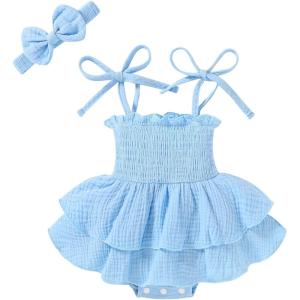 imageYOUNGER TREE Baby Girl Clothes Infant Summer Romper Dress Sleeveless Bodysuit Jumpsuit with Headband Toddler OutfitsLight Blue