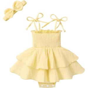 imageYOUNGER TREE Baby Girl Clothes Infant Summer Romper Dress Sleeveless Bodysuit Jumpsuit with Headband Toddler OutfitsLight Yellow