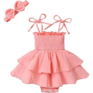 imageYOUNGER TREE Baby Girl Clothes Infant Summer Romper Dress Sleeveless Bodysuit Jumpsuit with Headband Toddler OutfitsPink