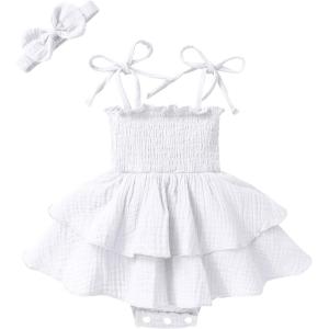 imageYOUNGER TREE Baby Girl Clothes Infant Summer Romper Dress Sleeveless Bodysuit Jumpsuit with Headband Toddler OutfitsWhite
